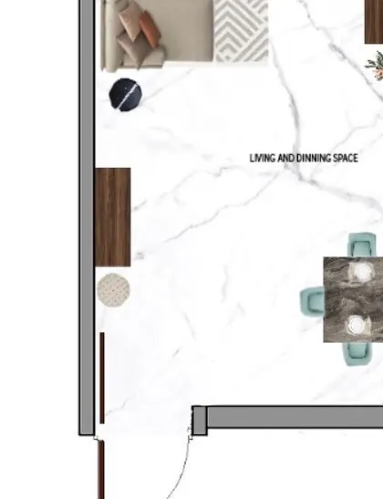 An initial 2D layout for a living and dining space. This is the first step in my process, where I focus on creating a functional and harmonious furniture plan.