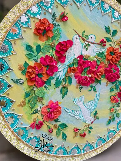 A close-up of the 24-inch dove wall art, focusing on the two doves on a branch surrounded by red and orange roses.