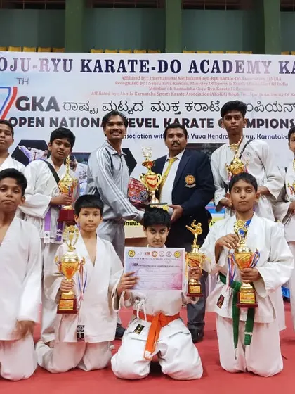 My team and I after a very successful 7th GKA Open Karate Championship in Mysore, where we secured an impressive 14 first prizes, 4 second prizes, and 3 third prizes.