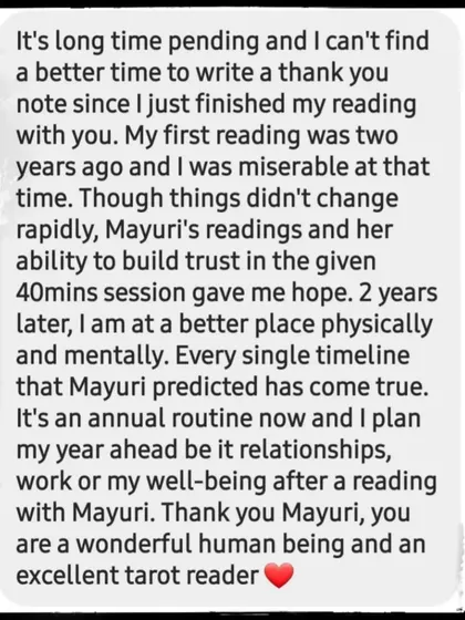 This client's journey over two years shows that change isn't always rapid, but a reading can provide the hope needed to keep going. Now, they use an annual reading with me to plan their year ahead for relationships, work, and well-being.