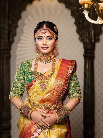 This detailed photoshoot showcases a complete South Indian bridal look, from the intricate matha patti and layered necklaces to the flawless airbrush makeup and traditional saree draping.