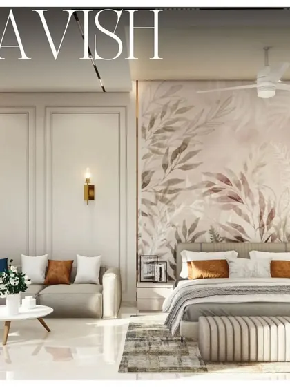 A lavish bedroom interior where neutral colors create timeless elegance. The design features a soft, nature-inspired mural, a comfortable seating area, and clean lines for a serene and sophisticated atmosphere.