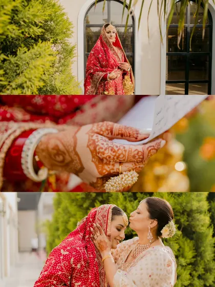 A collage of heartfelt moments from the wedding day, including the bride reading a letter, a tender moment with her mother, and a beautiful portrait.