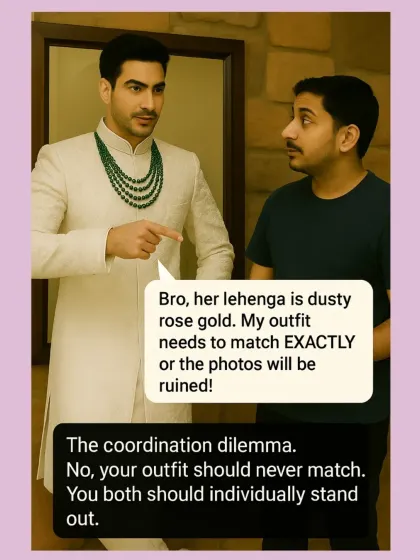 The coordination dilemma. "Her lehenga is dusty rose gold, my outfit needs to match EXACTLY!" We're here to help you coordinate, not clone.