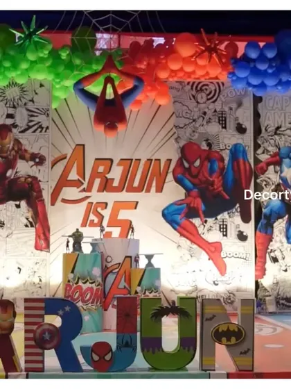A clear shot of the main backdrop, highlighting the personalized name and age of the birthday boy.