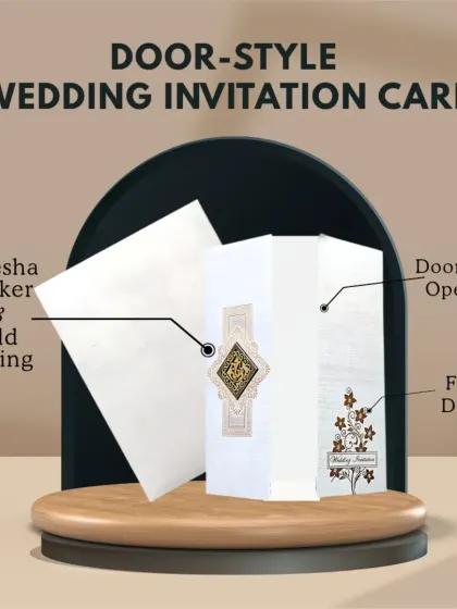 A door-style wedding invitation card in white, featuring a Ganesha sticker and gold foiling. The floral design adds a touch of elegance to this divine invite.