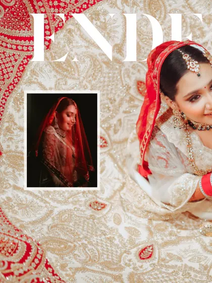 An artistic shot of bride Winnie, with her beautiful lehenga spread out, creating a stunning visual texture.