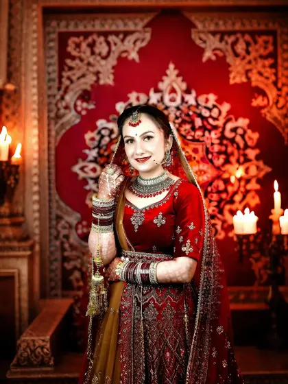 The warm glow of the candles creates a magical atmosphere for this bridal portrait. The bride's smile and her red lehenga are the highlights of the shot.