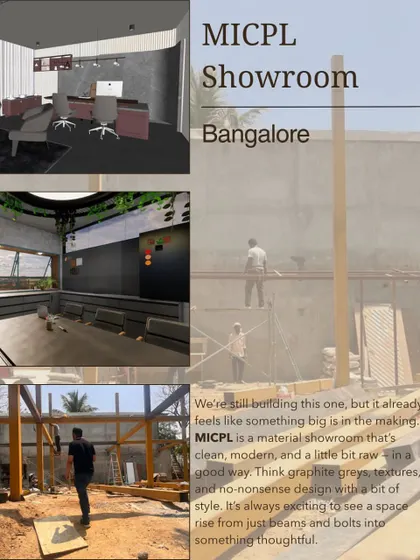 A collage showing the work-in-progress at the MICPL material showroom in Bangalore. We're excited to see this space, with its graphite greys and raw textures, rise from just beams and bolts.