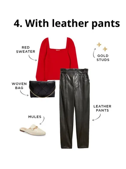 For the holidays, I love pairing a festive red sweater with something unexpected like leather pants. The mix of soft knit and sleek leather creates a modern and chic holiday outfit.