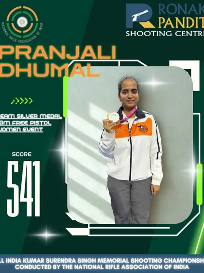 Silver-lined precision. Congratulations to Pranjali Dhumal for clinching the Team Silver Medal in the 50m Free Pistol Women Event at the All India Kumar Surendra Singh Memorial Shooting Championship.