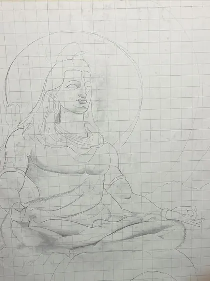 The initial grid sketch for the large cosmic Shiva painting. This is the essential first step for such a big and detailed piece.