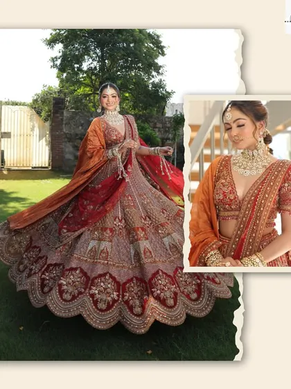A collage showing the full grandeur of the red and orange bridal lehenga. You can see the flare of the skirt and a close-up of the detailed blouse embroidery.