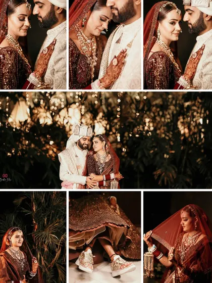 A comprehensive collage of wedding portraits, capturing the couple's intimate moments and the bride's unique style.