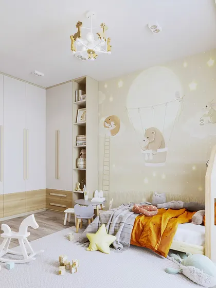 A full view of the child's room, showing the integrated wardrobe, play area, and sleeping nook, all tied together with a soft, neutral color palette.