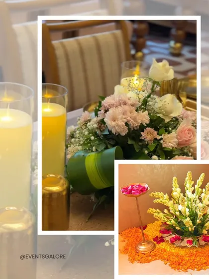 A closer look at the table centerpiece, featuring soft pink carnations, roses, and candles. These small details are what transform a dining space and elevate the overall experience.