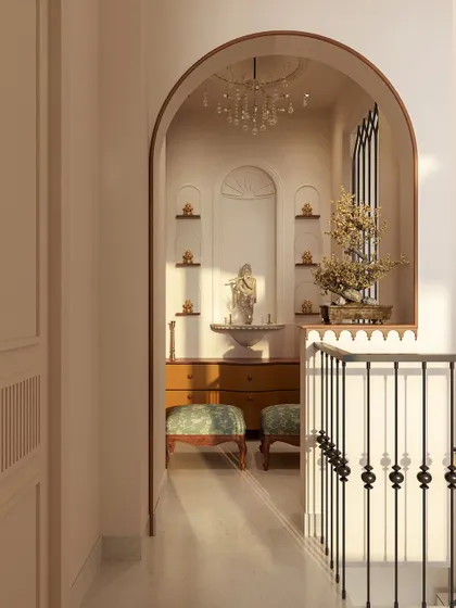 A duplicate of image 97, showing the tranquil and beautifully framed puja space.