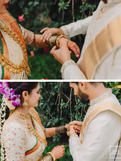 A detailed diptych focusing on the bride's hands and the groom helping with her bangles. It's these small, intimate gestures that tell a larger story of love and partnership.