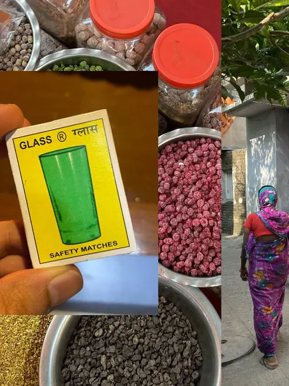 An eclectic mix from street markets, featuring a vintage matchbox, colorful berries, and a woman walking past.