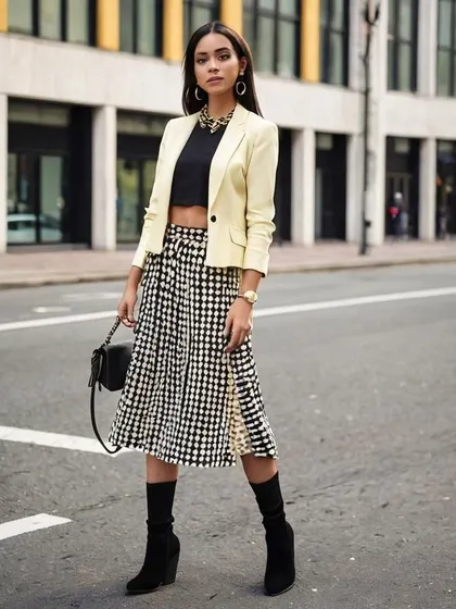 A street-style take on the power suit, this AI concept features a cropped pale yellow blazer with a black and white geometric midi skirt. This visual is ideal for brands targeting a younger, fashion-forward audience.