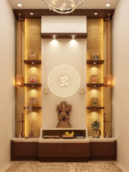 This is a full view of our pooja unit design, showcasing how the backlit Om mandala becomes the glowing heart of the space. Integrated lighting on the shelves and hanging lamps ensures the entire alcove is warm and inviting.