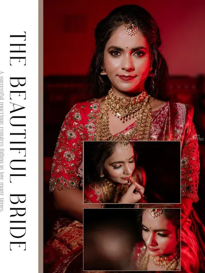 A collage of a South Indian bride's portraits, showcasing her beauty and traditional attire.
