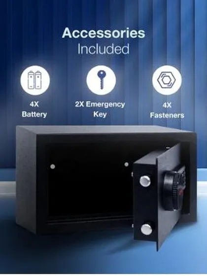 Your Tusker NXT safe comes with all necessary accessories included. The package contains four AA batteries, two emergency keys for manual override, and four heavy-duty fasteners for secure installation.