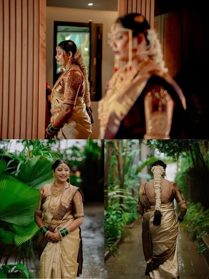 A collage of the bride getting ready, capturing her from different angles as she prepares for her big moment. The lush green background adds a touch of natural beauty.
