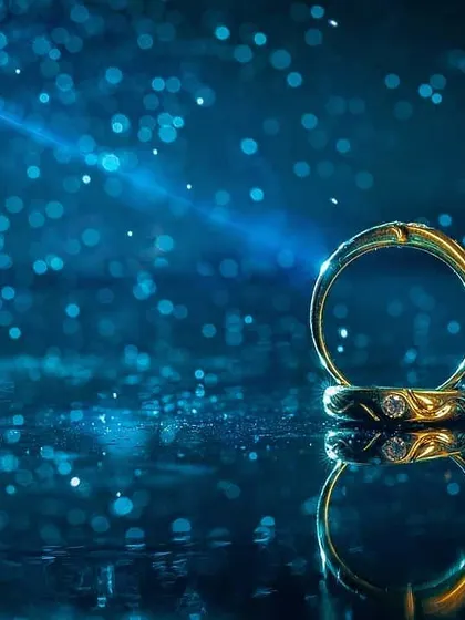Two gold rings are reflected on a wet surface, with a dramatic beam of light cutting through a spray of water droplets. This is a stunning example of creative jewelry photography.