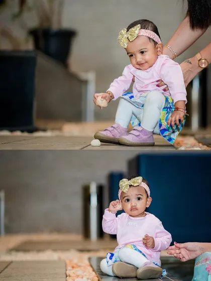 A collage of a baby girl playing with pebbles at her birthday party. We focus on the little details and actions that showcase a child's developing personality.