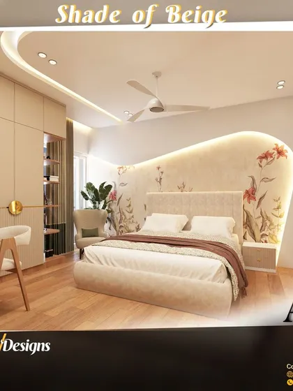 This bedroom design showcases a soothing beige color palette. The headboard is backed by a custom curved panel with floral wallpaper and integrated lighting, creating a soft, warm, and serene atmosphere perfect for relaxation.