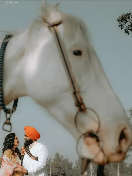 A unique and powerful composition featuring a majestic white horse, adding a touch of fairy-tale grandeur to this couple's portrait.