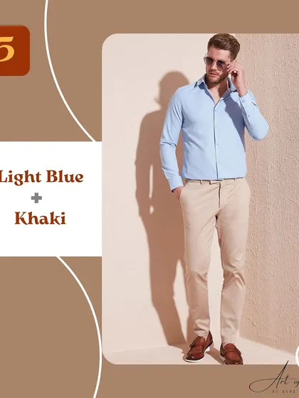The ultimate summer classic for men is light blue and khaki. A light blue shirt with khaki chinos is effortlessly fresh and stylish.