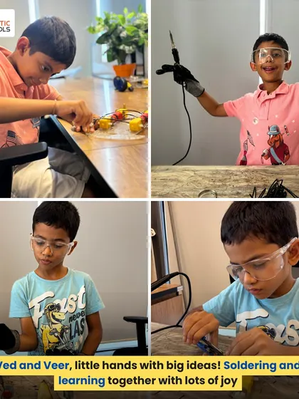 Ved and Veer are focused on their soldering project, learning how to safely connect electronic components. We ensure students learn practical skills like soldering under careful guidance.