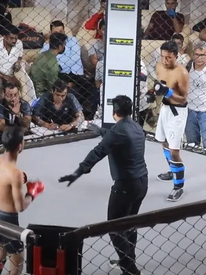 A moment of action from the 6th Bengaluru Open MMA Championship. One of our experienced fighters is seen here inside the cage, focused and ready, embodying the spirit of martial arts that we cultivate.