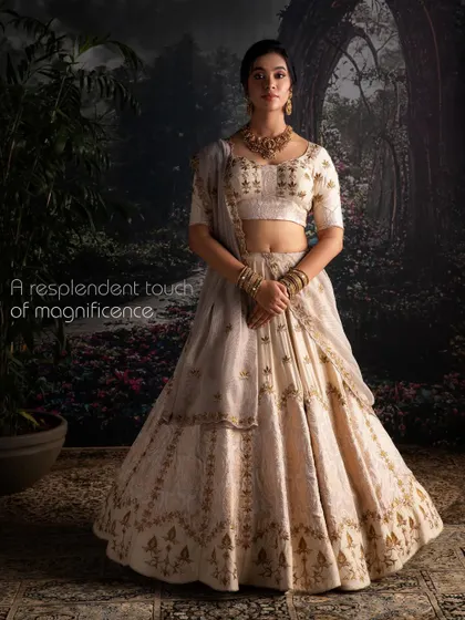 A frontal view of the resplendent Moonga Silk lehenga. This piece is a touch of magnificence, designed for the bride who appreciates subtle luxury and timeless style.