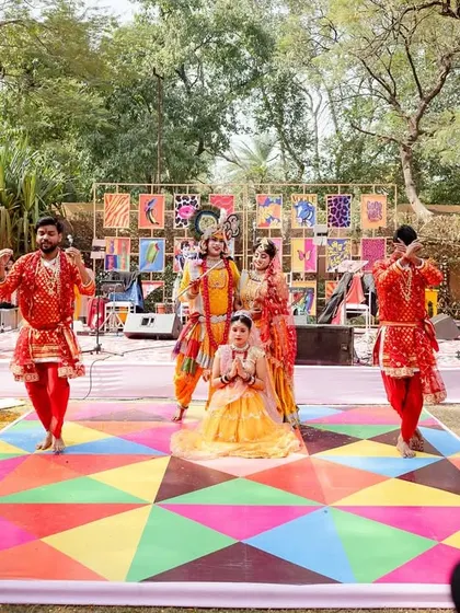 The full view of a dance performance on a custom-printed floor, showing how we integrate decor into every aspect of the event.