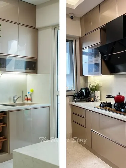 A split view of the modern kitchen, showing the cooking zone with a built-in hob and chimney on one side, and the sink area with open wicker basket storage on the other. The design is both aesthetically pleasing and highly practical.