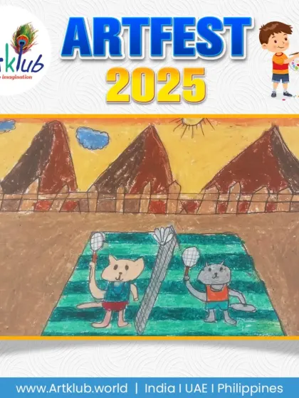 Cats playing badminton with the pyramids in the background, a creative piece from our junior division.
