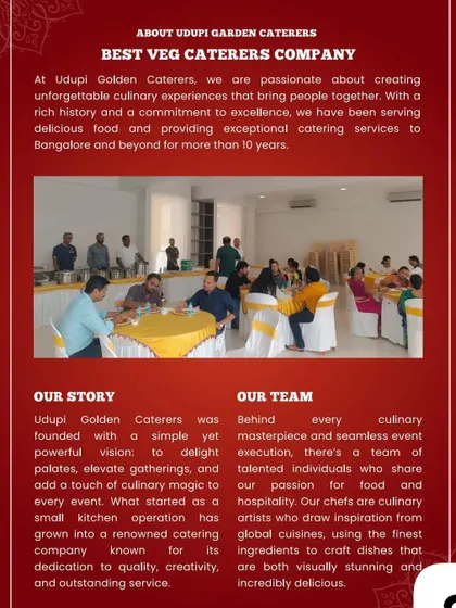 This brochure highlights our decade of experience in creating exceptional culinary experiences. It shows guests enjoying our catering service in a comfortable and well-organized event setting.