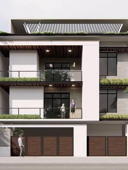 A render showcasing a multi-level residence with deep, recessed balconies. This design provides shaded outdoor spaces on each floor and uses a clean white frame to contrast with the darker interior walls, creating a sense of depth.