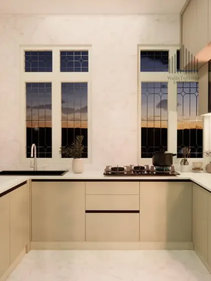 A 3D render of a U-shaped kitchen in a neutral palette, with large windows, a black sink, and integrated glass-fronted cabinets for wine storage.