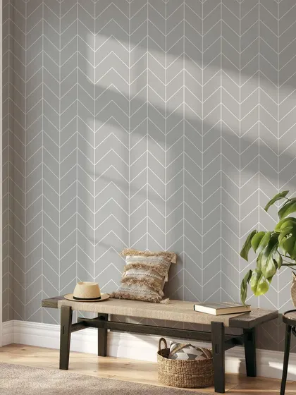 This entryway showcases our Symmetric Lines wallpaper, a classic and versatile design. The clean lines and neutral color create a modern and sophisticated look that complements any decor.