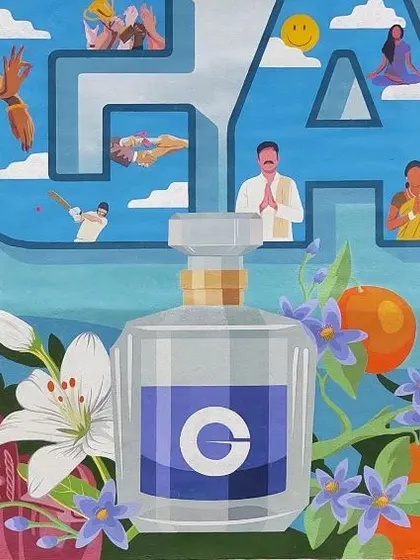 Close-up details of our mural for Givaudan. The artwork features a rich tapestry of Indian cultural motifs, from classical dancers to vibrant peacocks and sunflowers, all telling the story of fragrance and innovation.
