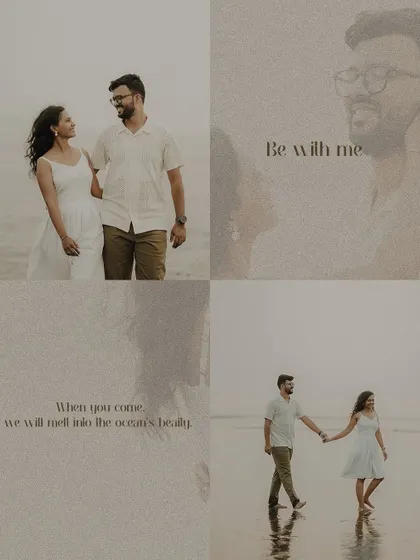 A moody and artistic collage from a beach pre-wedding shoot. These photos capture the quiet, intimate moments and the feeling of melting into the ocean's beauty together.