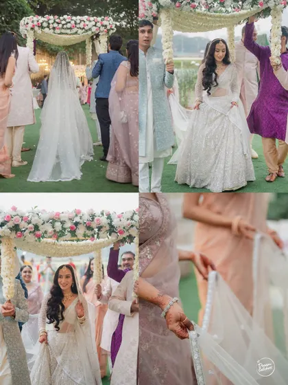 A collage capturing the bride's graceful entry under the phoolon ki chadar, a beautiful tradition that we love to photograph.