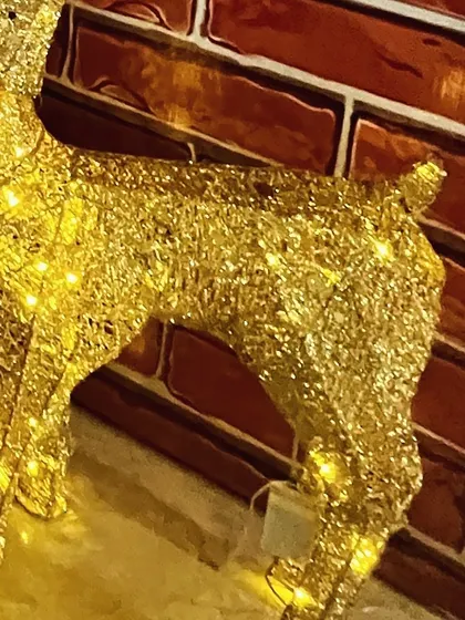 A glowing, golden reindeer prop, perfect for adding a touch of sparkle to holiday decor.