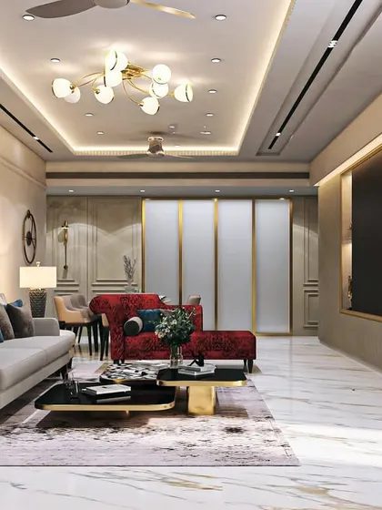 This is what I call creating a personal khazana. This luxurious living room in a Mumbai high-rise combines plush comfort with high-end style, featuring marble floors, statement lighting, and a curated color palette to create an inviting yet grand atmosphere.