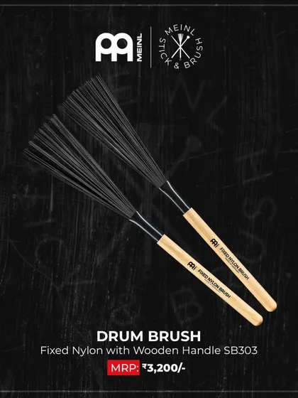 Meinl Fixed Nylon Drum Brushes with a wooden handle. These brushes are ideal for creating subtle, sweeping textures on snare drums and cymbals, perfect for jazz and acoustic settings.