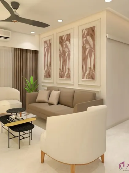 A 3D design showcasing a cozy living room setup. We use these realistic visuals to finalize furniture placement, wall treatments, and color schemes with you, ensuring the plan is perfect.